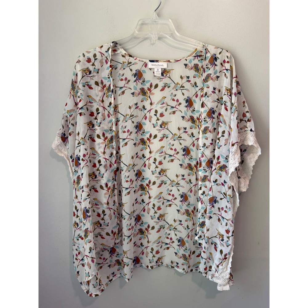 Motherhood Maternity Bird Print Kimono Top White Crochet Lace Trim OS